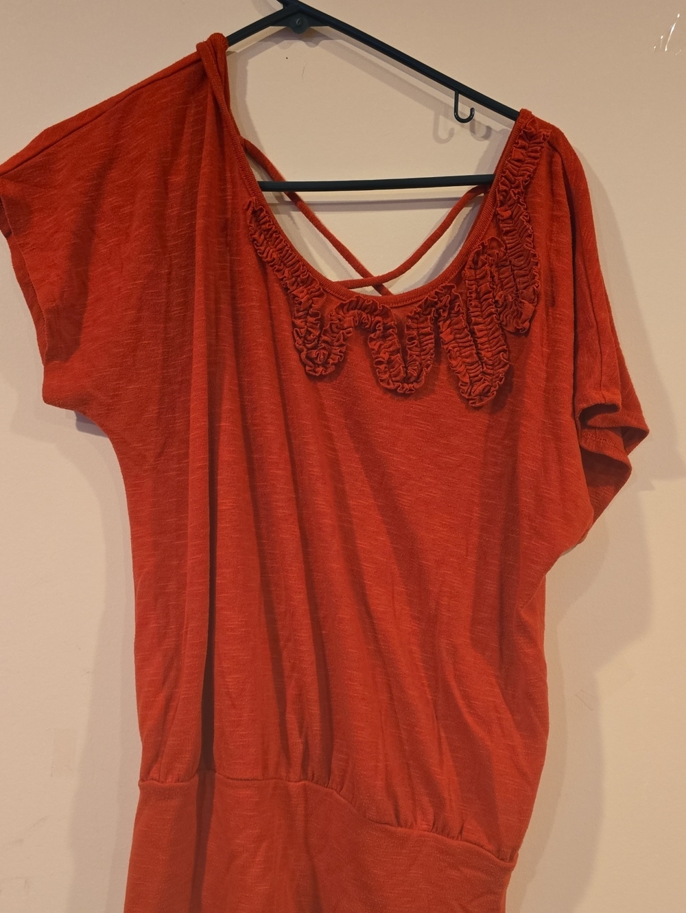 Iz Byer Burnt Orange Ruffle Neck Short Sleeve Tunic